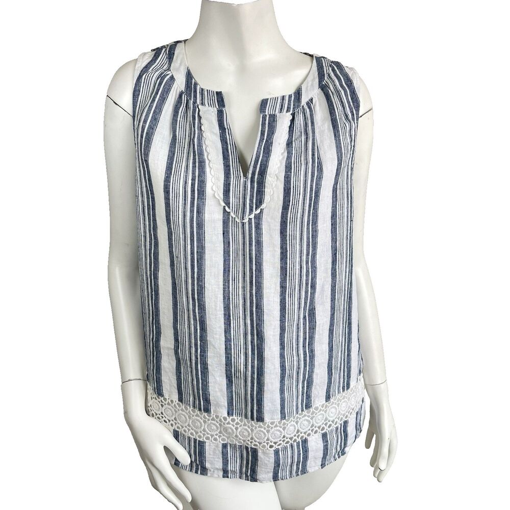 Crown & Ivy Sleeveless 100% Linen Crochet Trim Tunic Shirt Top M Coastal‎ Summer